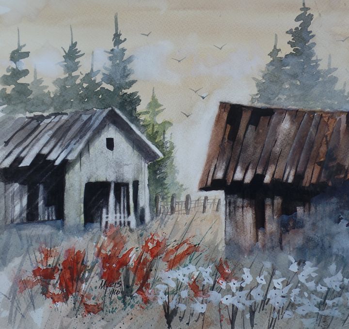 720x679 Old Barns, Watercolor Painting