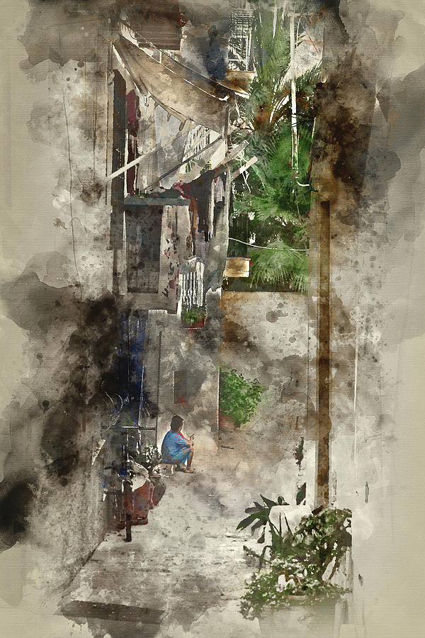 600x900 Watercolor Painting Of Mediterranean Alley Way Between Old Houses