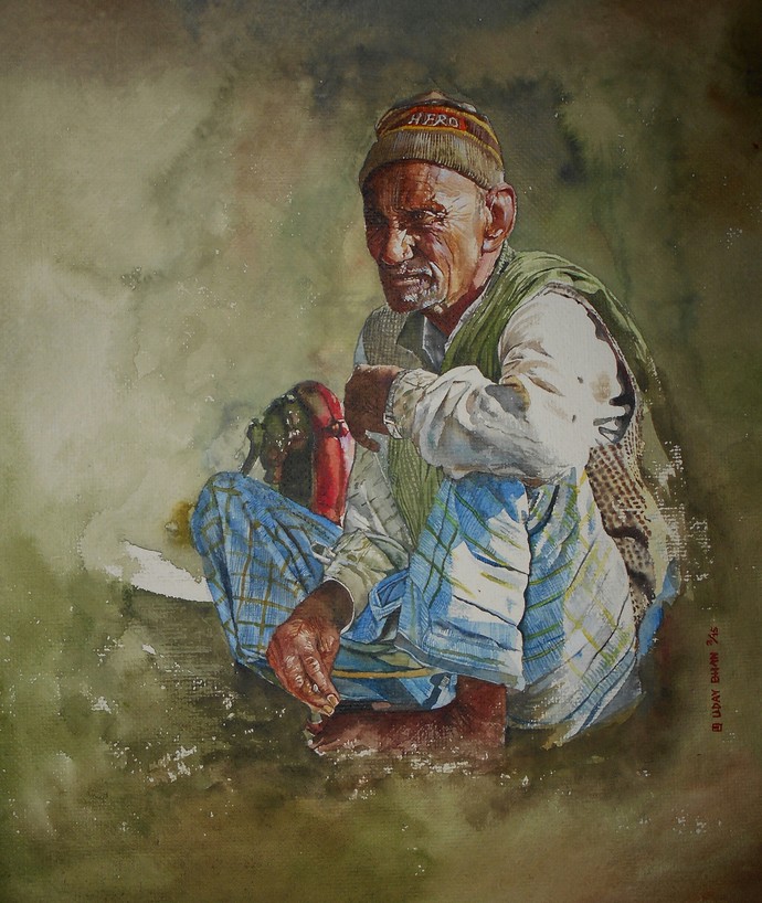 690x818 Old Man By Artist Uday Bhan Realism, Painting Mojarto 156208