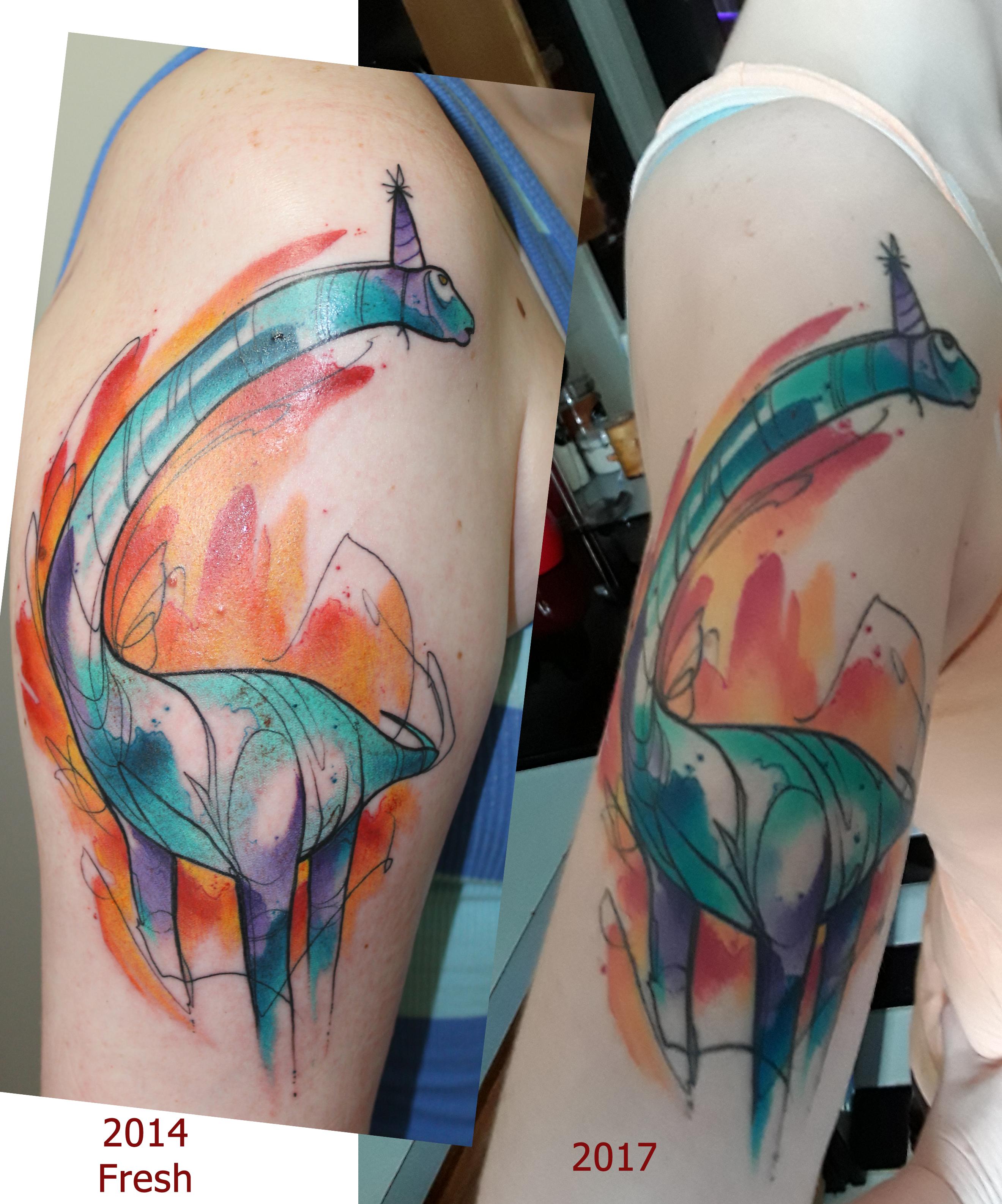 2640x3172 Watercolor Dinosaur Tattoo, Fresh Vs. 3 Years Later Agedtattoos
