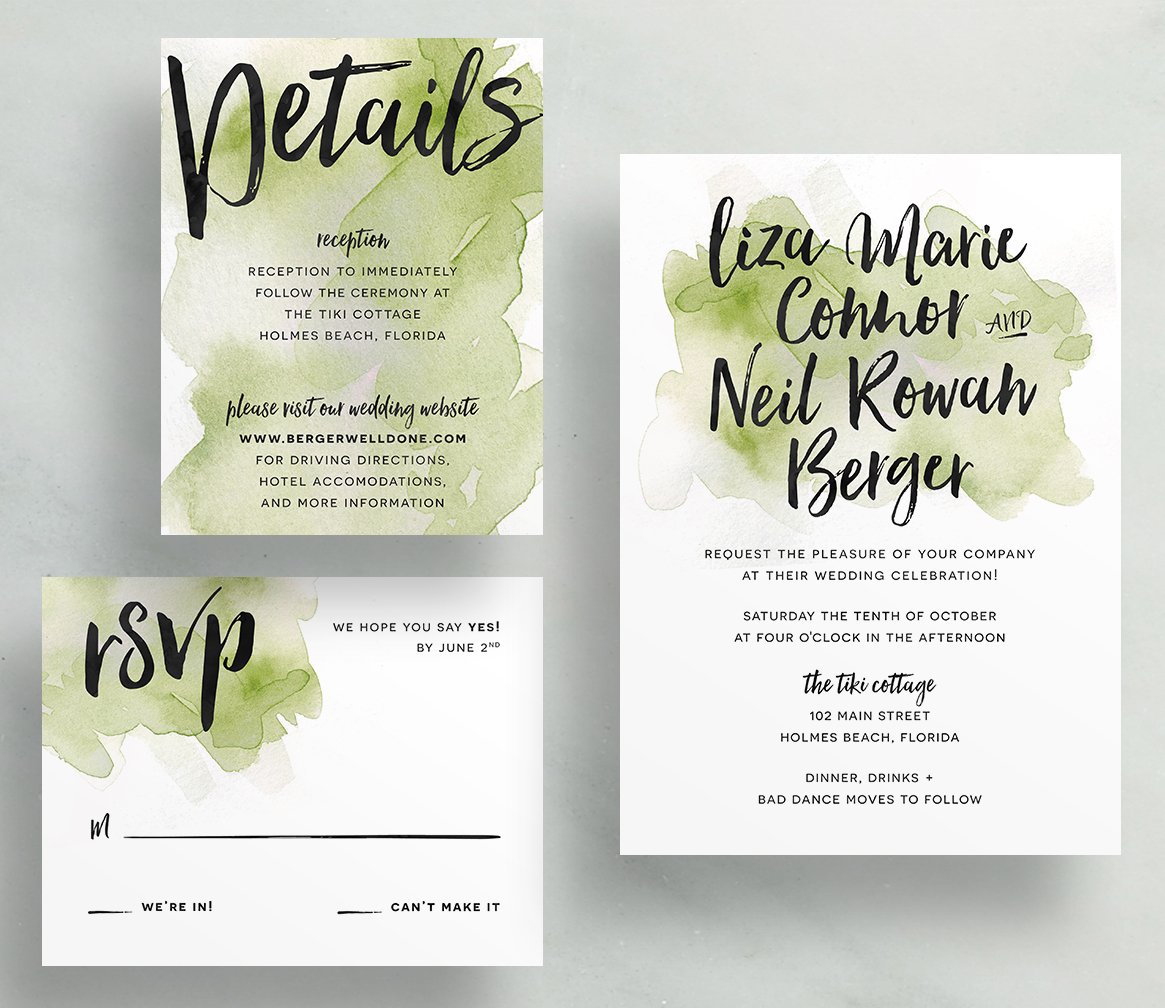 1165x1008 Watercolor Splash Wedding Invites Olive Green