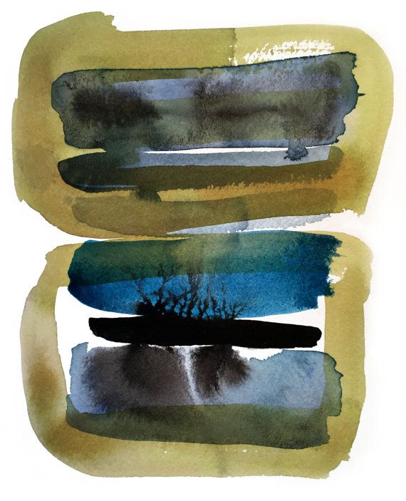 570x703 Abstract Watercolor Painting In Olive Green, Indigo Blue And Black