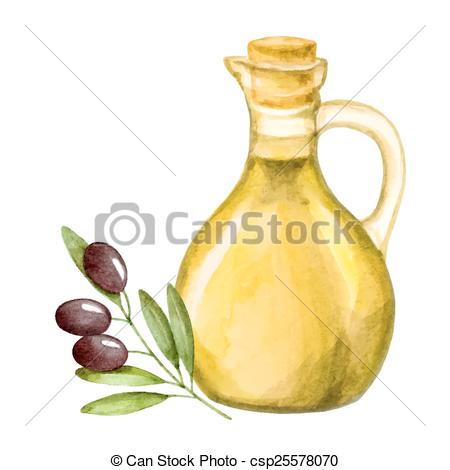 450x470 Olive Oil In The Bottle And A Branch Of Olive, Watercolor. Vector