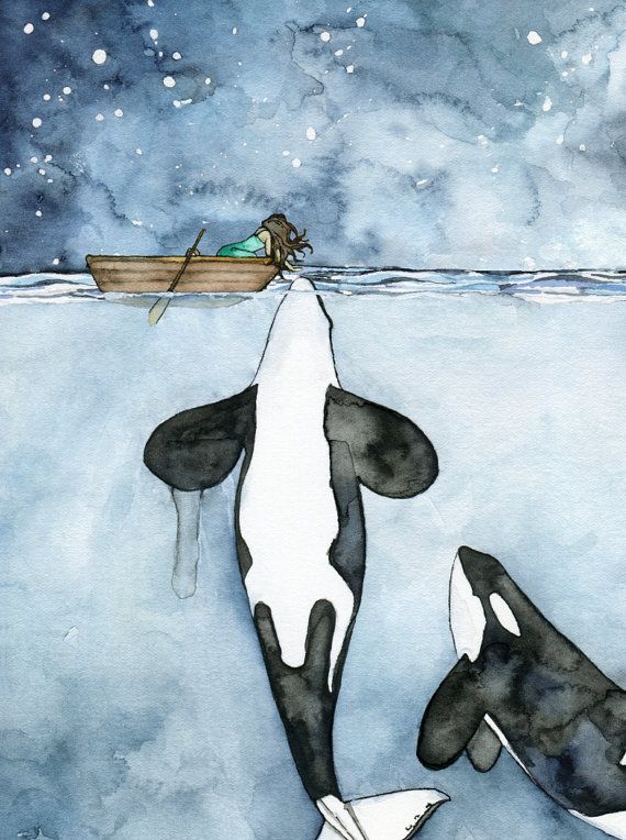 570x764 Orca Painting, Watercolor Painting, Whale Painting, Orca And Girl