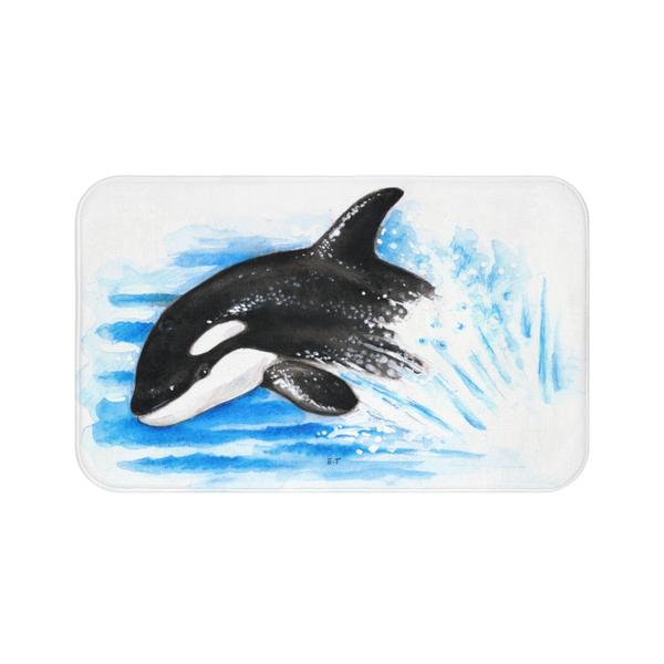 600x600 Playful Baby Orca Whale Watercolor Art Bath Mat Seven Sirens Studios