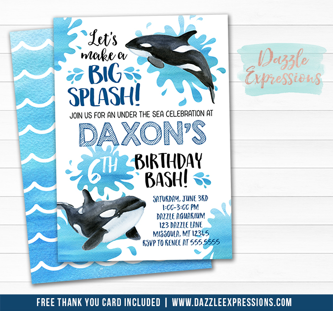 675x630 Printable Orca Whale Watercolor Birthday Invitation