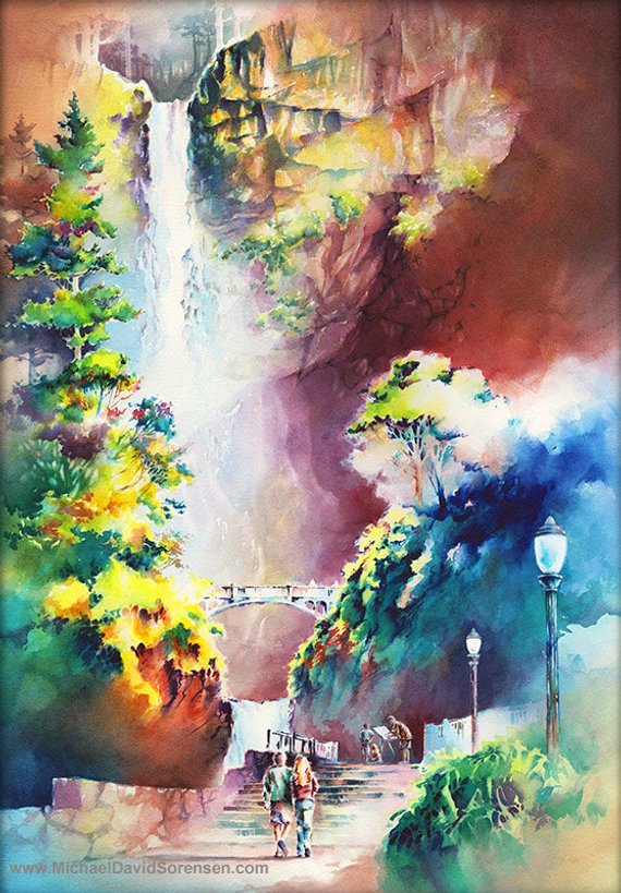 570x819 Colorful Multnomah Falls Oregon Watercolor Print. Columbia Etsy