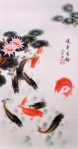 159x300 100% Oriental Asian Art Chinese Watercolor Painting Fengshui Koi