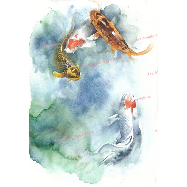 600x600 Koi Fish In A Pond Oriental Watercolor Style Art