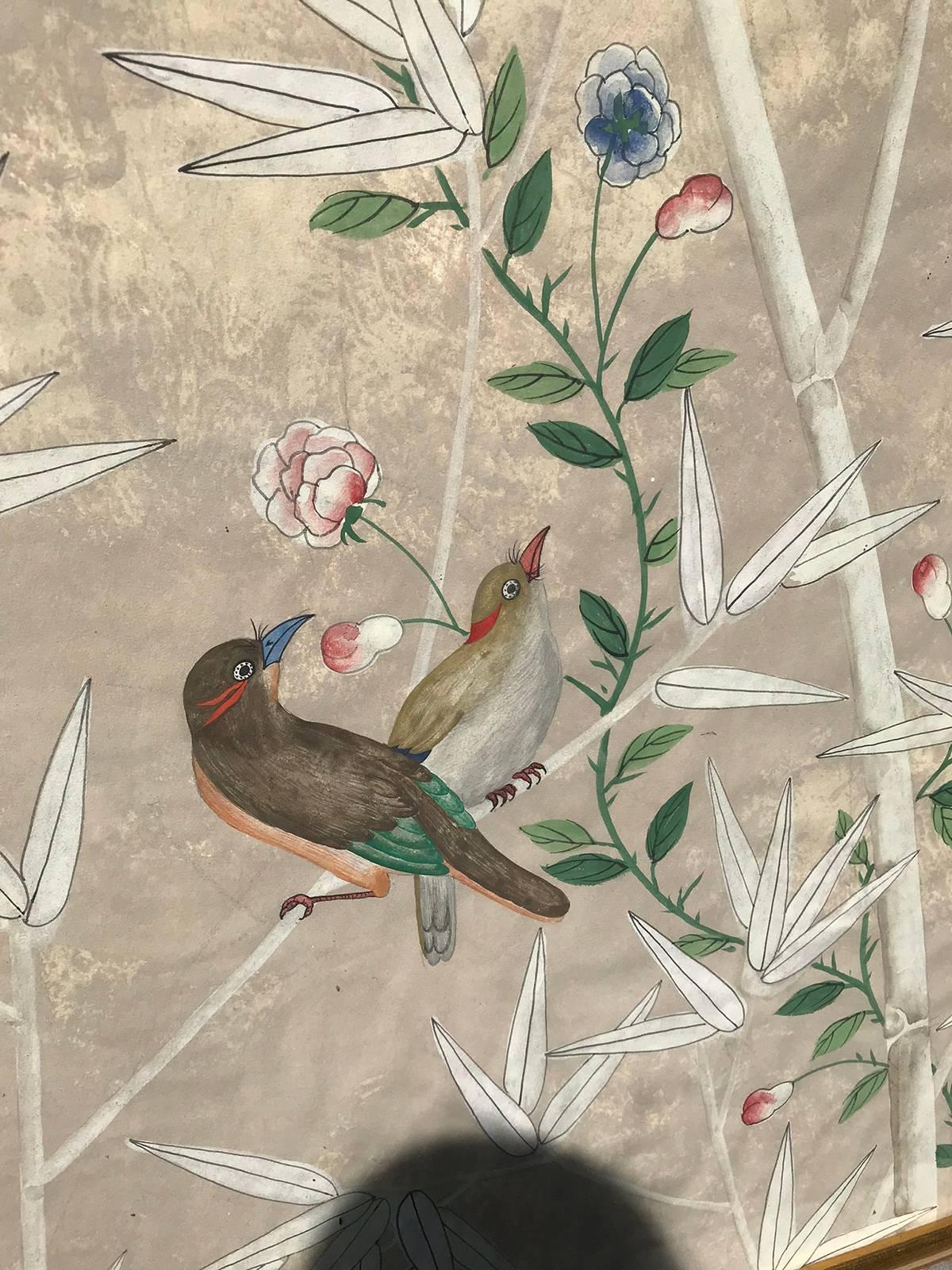 1200x1600 20th Century Oriental Watercolor Panel With Gilt Faux Bamboo Frame