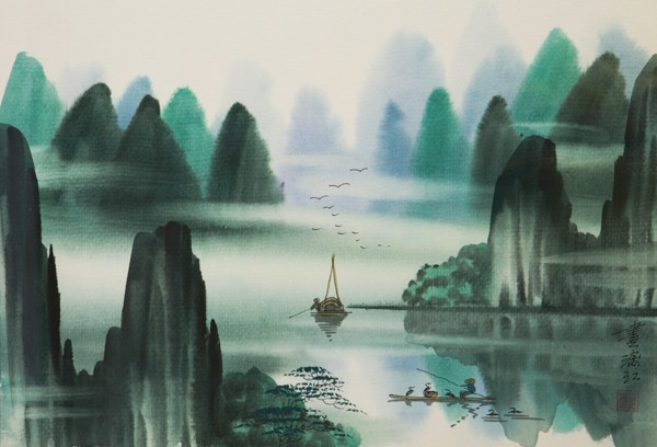 600x408 Fishermen In Guilin Watercolor Painting (Asian Art Chinese Wall