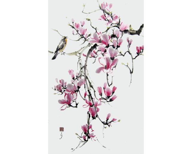 642x514 Asian Watercolor Painting Ink Painting Pink Magnolia And Etsy