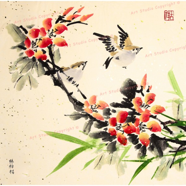 600x600 Birds Amp Flowers Chinese Watercolor Art With Gallery Wrap Style Framing