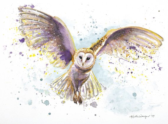 570x421 Flying Owl Watercolor Print Splatter Painting Unique Gift Etsy