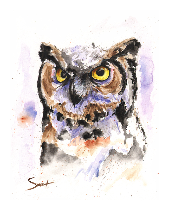 650x807 Great Horned Owl Watercolor Print Watercolor Animal Paintings