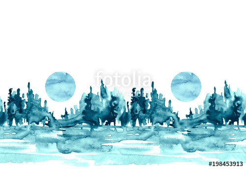 500x344 Seamless Watercolor Background, Border. Watercolor Forest, Blue