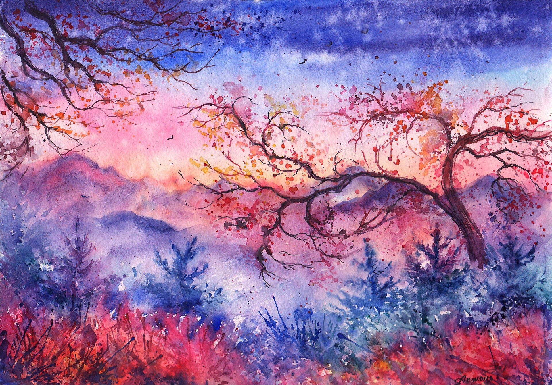 1920x1340 Sunset Mountains Trees Christmas Trees Birds Foliage Watercolor