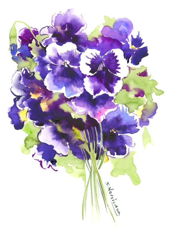 617x820 Pansies, Original Watercolor Painting, Blue, Purple Flowers