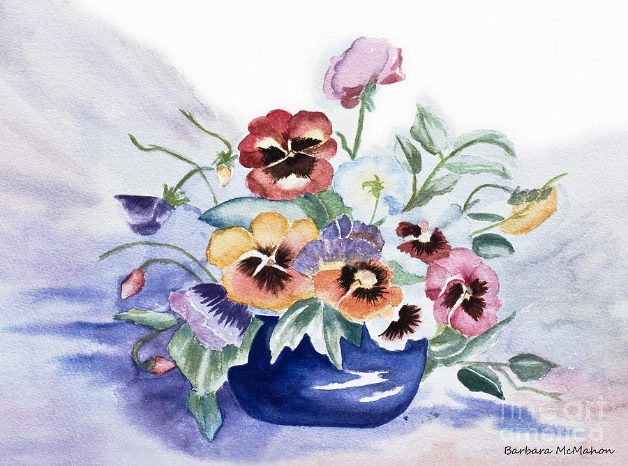 900x668 Pansies In Blue Pot Painting By Barbara Mcmahon