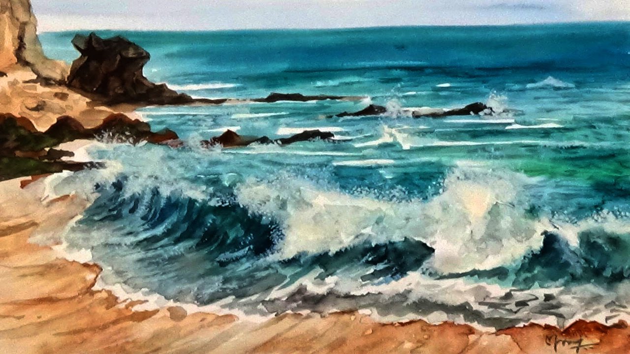 1280x720 Seascape Waves Watercolor Painting