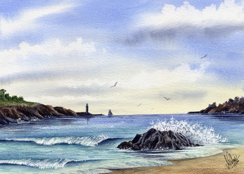 800x571 Trevone Bay Seascape Watercolour Painting Canvas Art