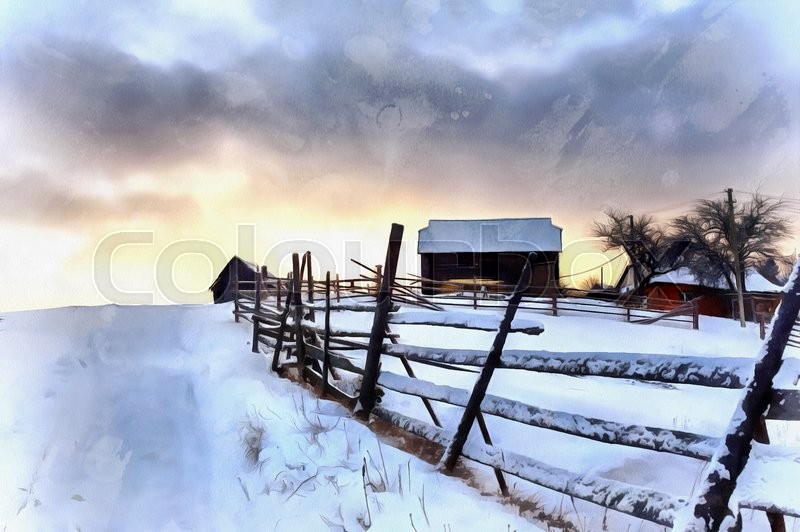 800x532 The Works In The Style Of Watercolor Painting. Winter Landscape