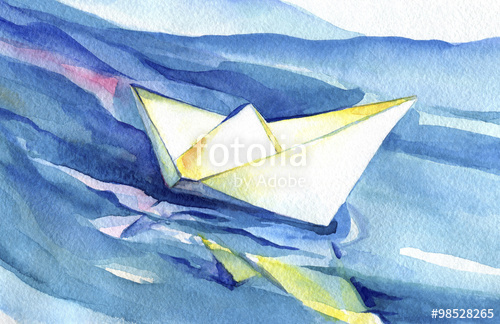500x324 White Paper Ship Sails On The Waves. Watercolor Painting Of The