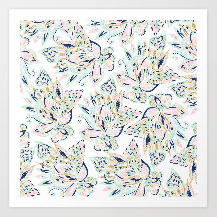 700x700 Modern Pastel Pink Watercolor Gold Floral Hand Drawn Paisley Art