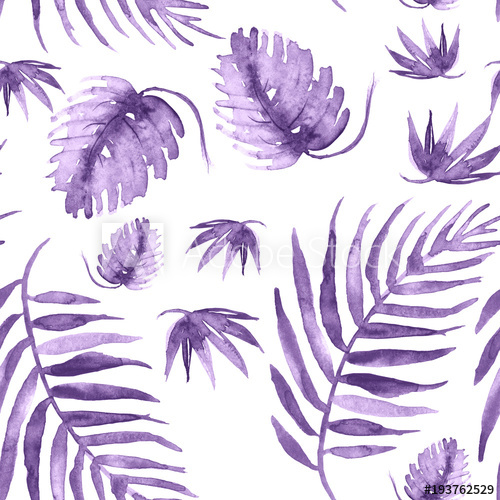 500x500 Seamless Watercolor Background From Purple Tropical Leaves, Palm