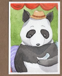 246x300 Aceo Original Miniature Watercolor Painting Panda With A Pandora
