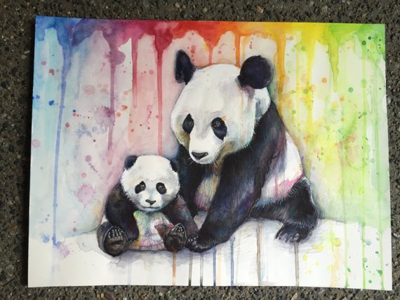 570x428 Pandas Watercolor Rainbow Original Watercolor Painting Panda Etsy