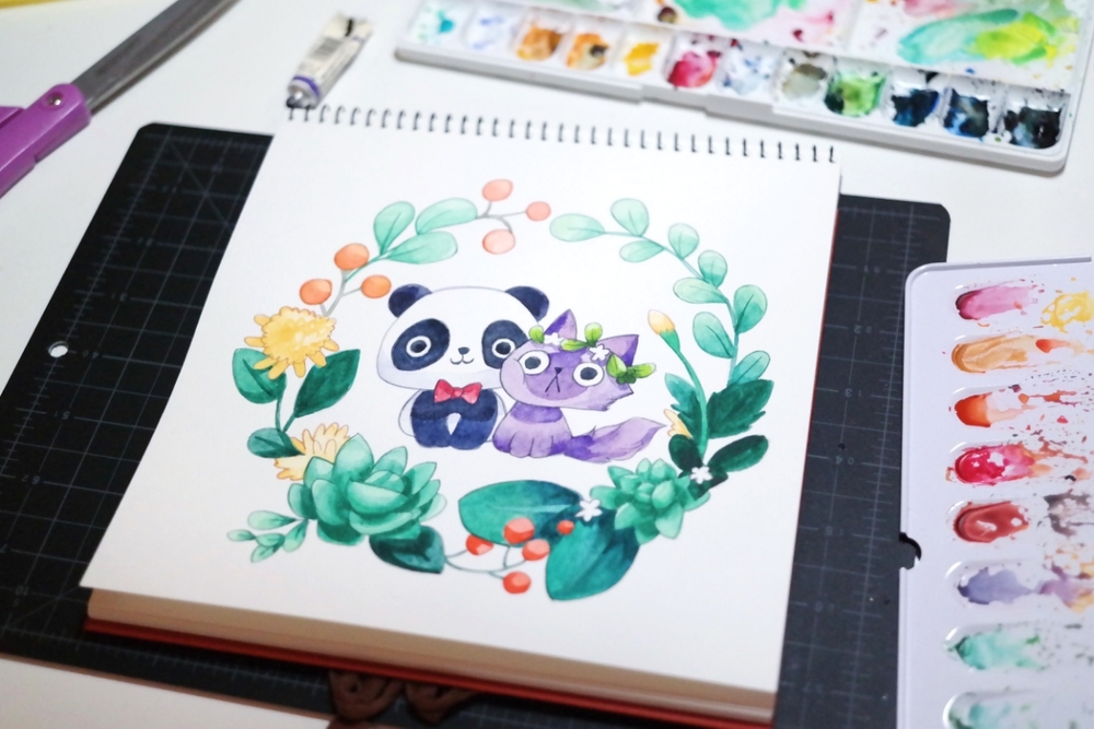 1000x667 Watercolor Painting A Panda And A Purple Cat Thousand Skies