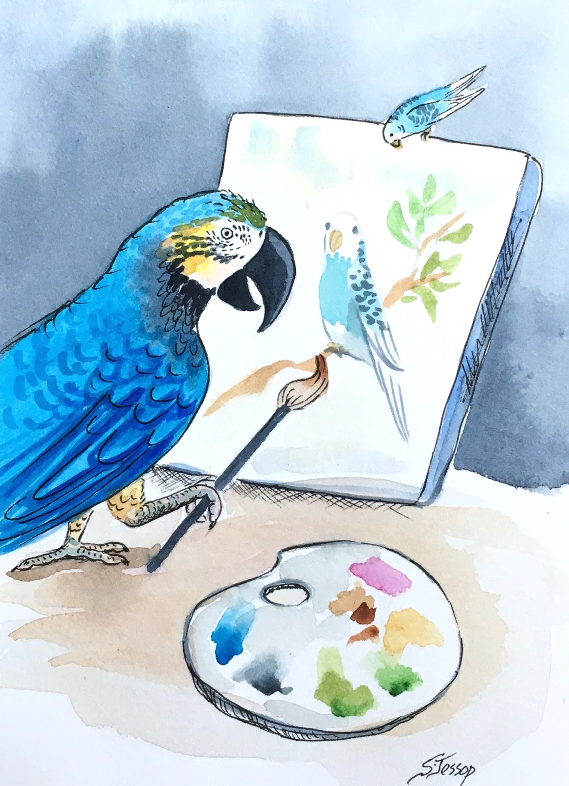 1159x1600 Sandra Jessop Macaw Painting A Portrait Of A Parakeet, Watercolor