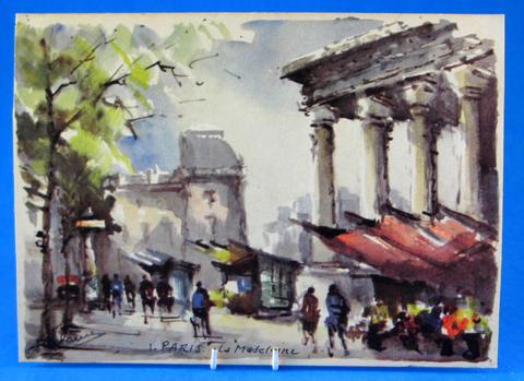 480x349 Postcard Paris Watercolor La Madeleine Signed Delane 1960s