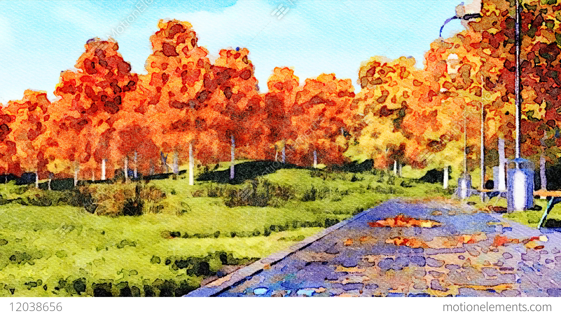 1920x1080 Empty Walkway In Autumn Park Watercolor Landscape Stock Animation