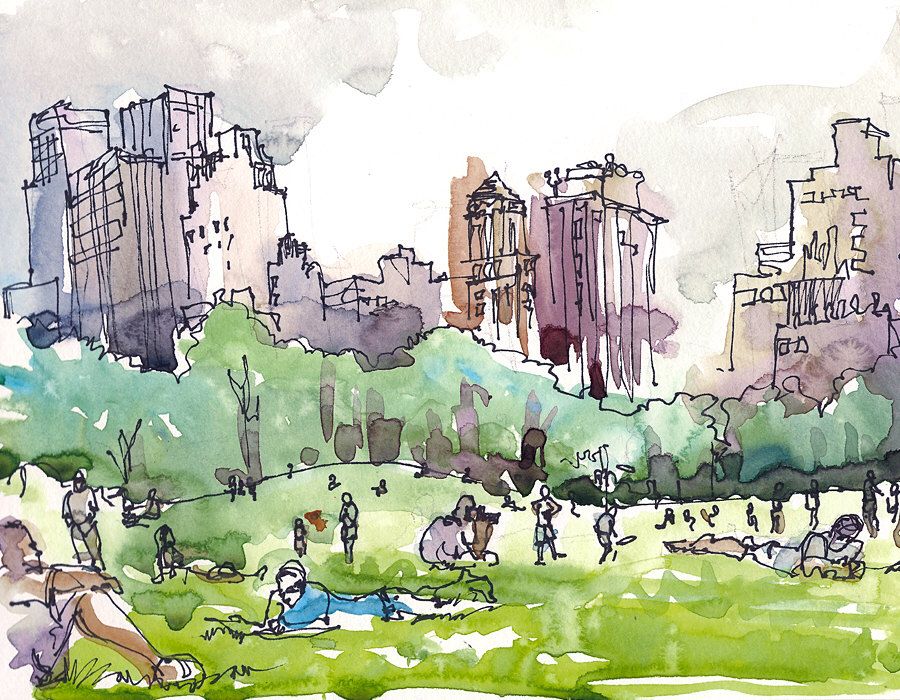 900x700 New York, Central Park Watercolor Sketch, Sheep Meadow A
