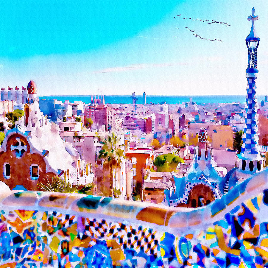 900x900 Park Guell Watercolor Painting Painting By Marian Voicu