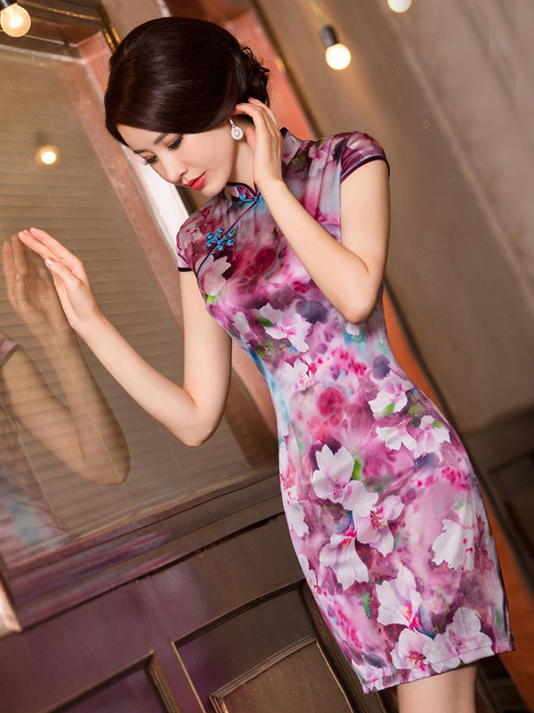 600x800 Pastel Watercolor Floral Silk Traditional Chinese Sheath Dress