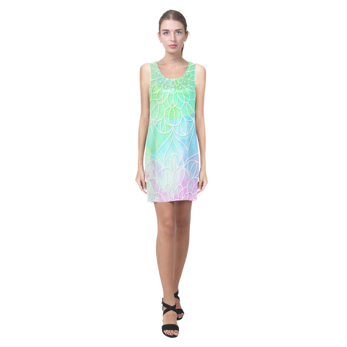 1200x1200 Beautiful Pastel Watercolor Mandala Helen Sleeveless Dress (Model