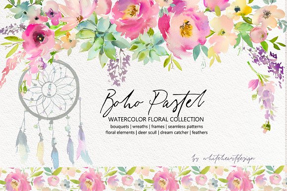 580x386 Boho Pastel Watercolor Flowers Set