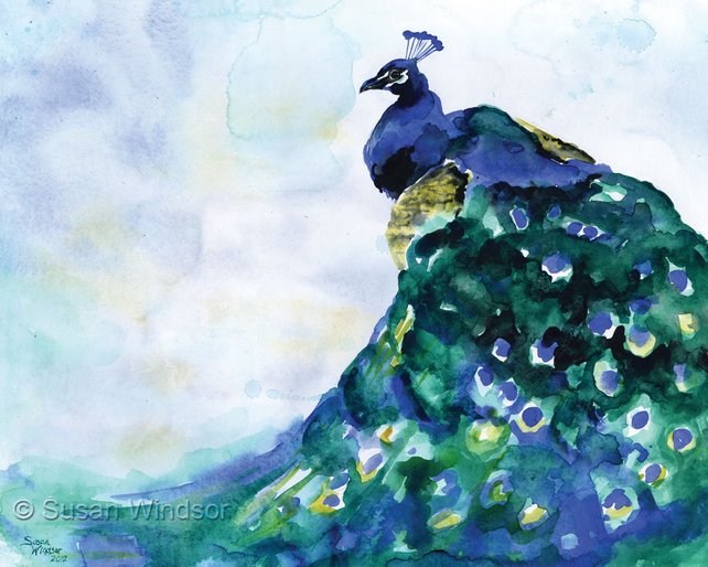 642x514 Peacock Watercolor Painting Blue Bird Giclee Print 10 X 8 Etsy