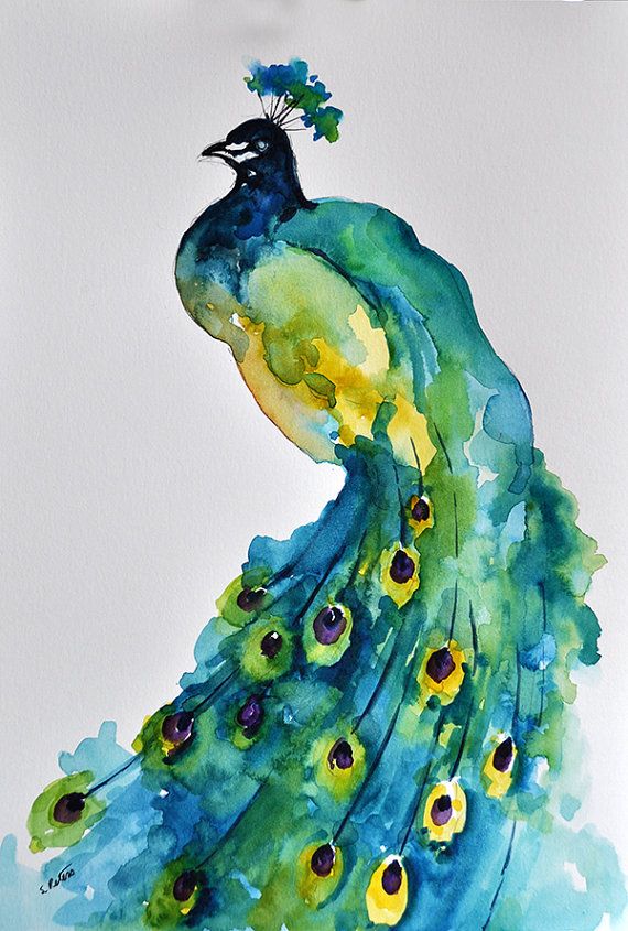 570x845 Original Watercolor Painting, Colorful Peacock, Aqua Green Yellow