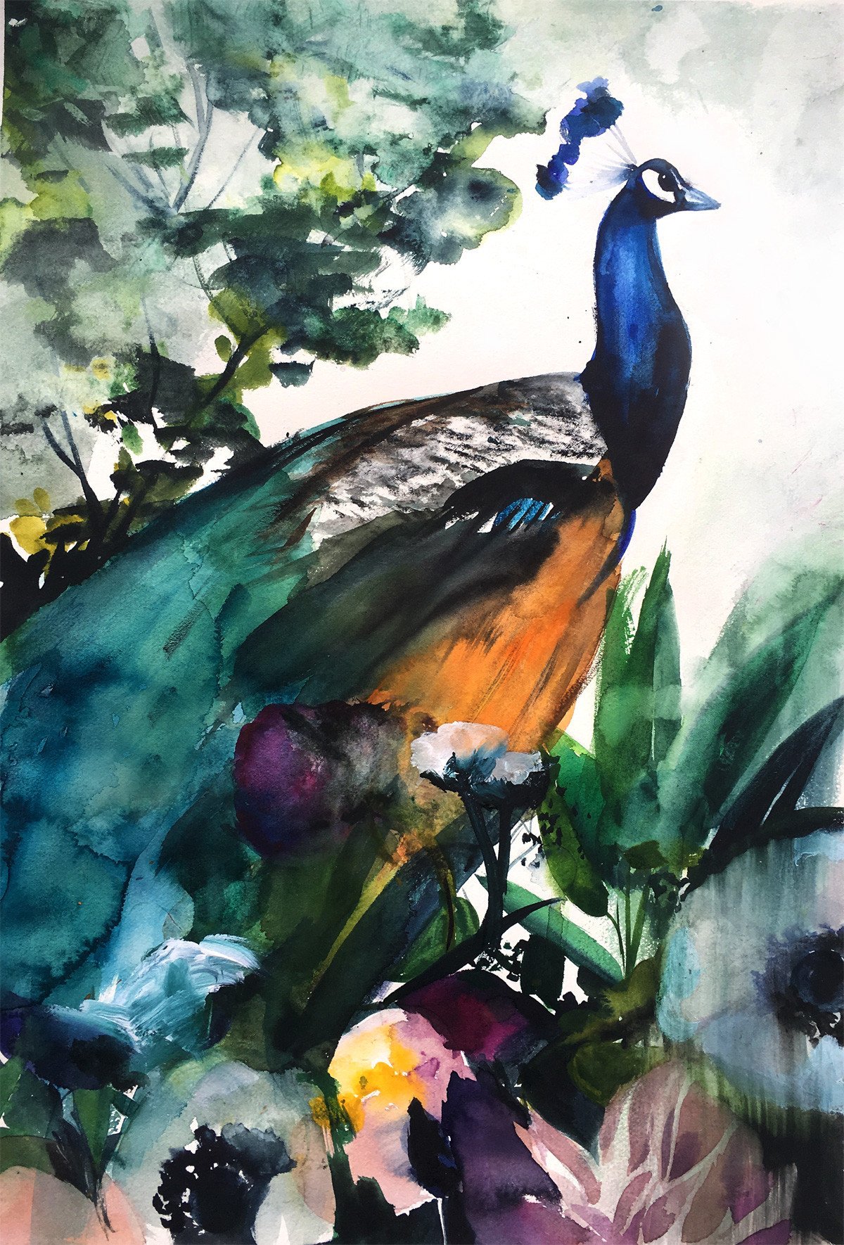 1200x1770 Peacock Garden Original Watercolor Painting