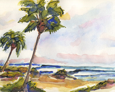 400x320 Ocean Palms Modern Contemporary Seascape Pen And Ink Watercolor