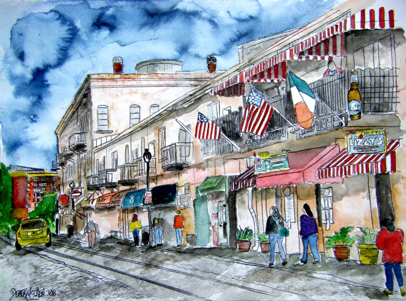 800x594 Savannah River Street Pen And Ink Drawing Watercolor Painting
