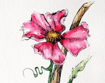 340x270 Rose Flower Original Watercolor Art Painting Pen And Ink Etsy