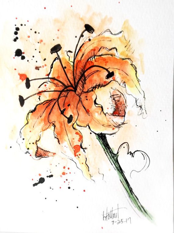 570x760 Lily Flower Original Watercolor Art Painting Pen And Ink