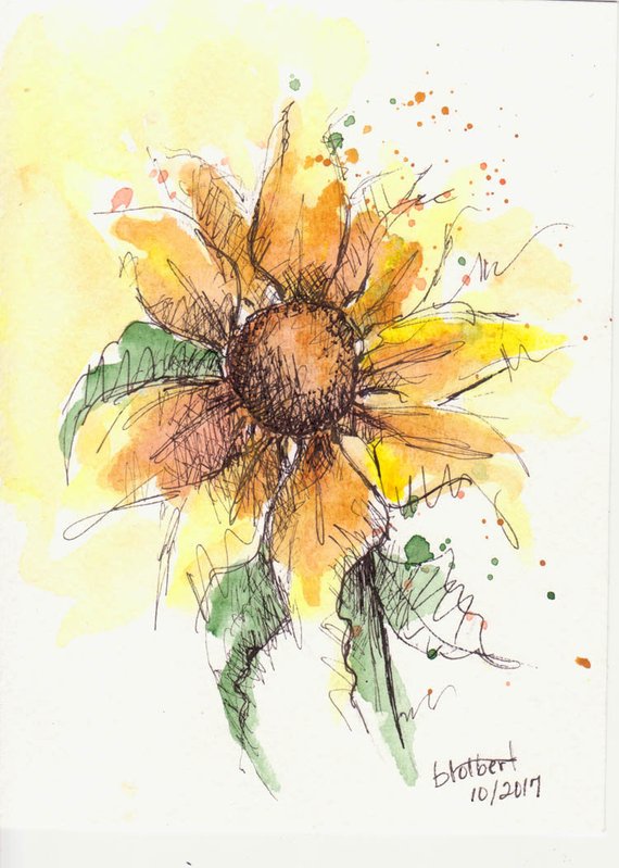 570x799 Sunflower Original Watercolor Art Painting Pen And Ink Etsy