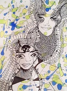 222x300 Watercolor Painting, Art, Abstract, Snakes, Faces, Pen And Ink