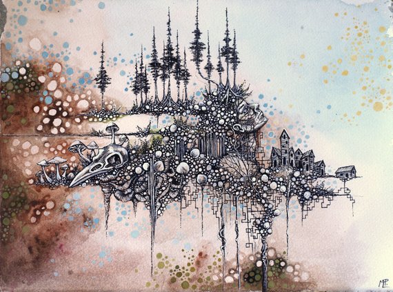 570x423 Fantasy Illustration Watercolor Pen And Ink Bird Skull Etsy